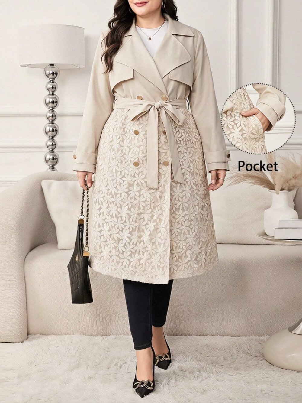 Apricot Casual Women's Elegant Plain Lapel Double-Breasted Trench Coat - Picture 3 of 7